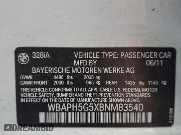 2011 BMW 3 Series 328i with VIN WBAPH5G5XBNM83540, listed as a Copart auction lot 76909404 with 96,453 mi miles and Salvage Title. Bid and sale history available at carsss.com. Image 12.