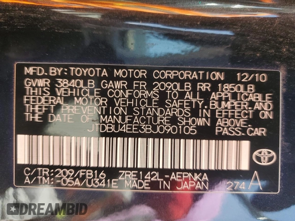 2011 Toyota Corolla L with VIN JTDBU4EE3BJ090105, listed as a Copart auction lot 55362025 with 183,481 mi miles and Clean Title. Bid and sale history available at carsss.com. Image 12.