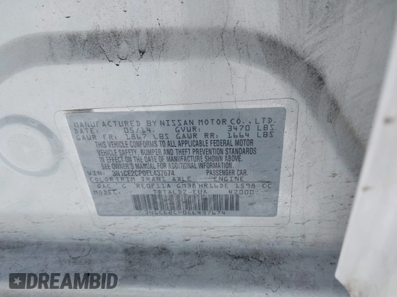 2014 Nissan Note S with VIN 3N1CE2CP0EL437674, listed as a IAAI auction lot 41351411 with 125,249 mi miles and . Bid and sale history available at DreamBid. Image 9.