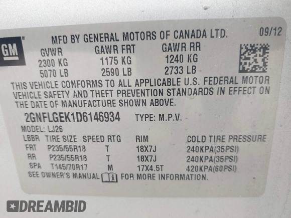 2013 Chevrolet Equinox LTZ with VIN 2GNFLGEK1D6146934, listed as a IAAI auction lot 42227813 with 151,566 mi miles and . Bid and sale history available at DreamBid. Image 9.