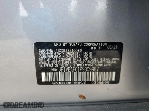 2023 Subaru WRX Premium with VIN JF1VBAF61P9809987, listed as a Copart auction lot 58935475 with 19,217 mi miles and Salvage title. Bid and sale history available at DreamBid. Image 12.