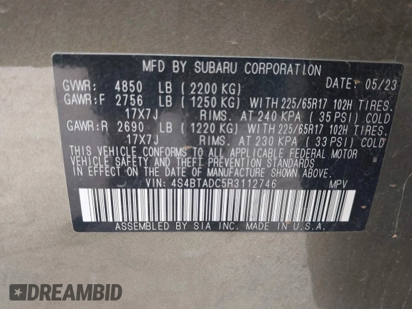 2024 Subaru Outback Premium с VIN 4S4BTADC5R3112746, выставлен на аукционе IAAI как лот 41693526 с пробегом 54 059 миль миль и . История ставок и продаж доступна на DreamBid. Изображение 9.