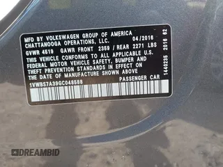2016 Volkswagen Passat SE z VIN 1VWBS7A39GC048588, wystawiony jako IAAI lot #42024717 z przebiegiem 94 626 mil mil oraz . Historia ofert i sprzedaży dostępna na DreamBid. Obrazek 9.