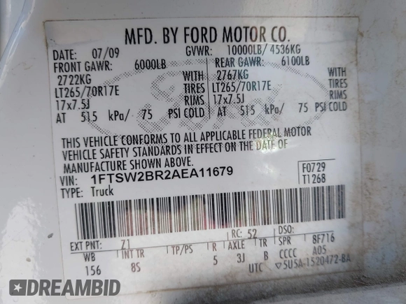 2010 Ford F-250 XL with VIN 1FTSW2BR2AEA11679, listed as a IAAI auction lot 41919814 with Not provided miles and . Bid and sale history available at DreamBid. Image 9.