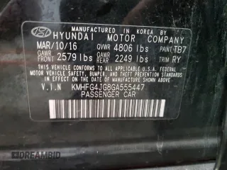 2016 Hyundai Azera with VIN KMHFG4JG8GA555447, listed as a Copart auction lot 45010475 with 96,531 mi miles and Salvage title. Bid and sale history available at DreamBid. Image 12.