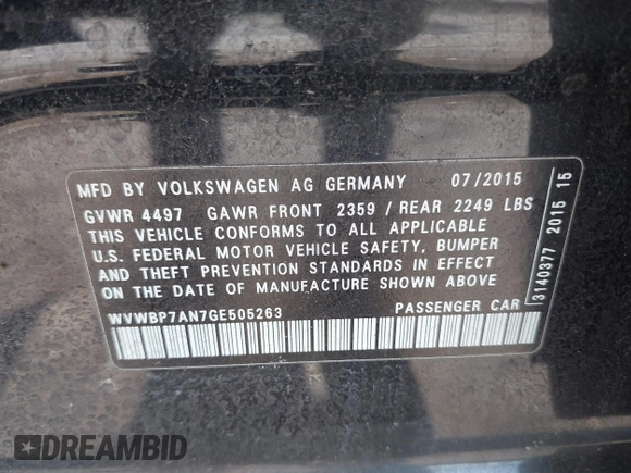 2016 Volkswagen CC Sport z VIN WVWBP7AN7GE505263, wystawiony jako IAAI lot #42190444 z przebiegiem 102 081 mil mil oraz . Historia ofert i sprzedaży dostępna na DreamBid. Obrazek 9.