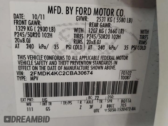 2012 Ford Edge Limited with VIN 2FMDK4KC2CBA30674, listed as a Copart auction lot 52807365 with 180,288 mi miles and Salvage Title. Bid and sale history available at carsss.com. Image 14.