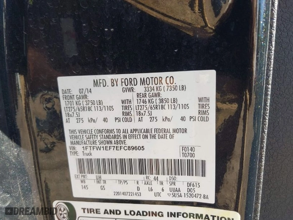 2014 Ford F-150 XL with VIN 1FTFW1EF7EFC89605, listed as a IAAI auction lot 41761440 with 218,753 mi miles. Bid and sale history available at carsss.com. Image 9.