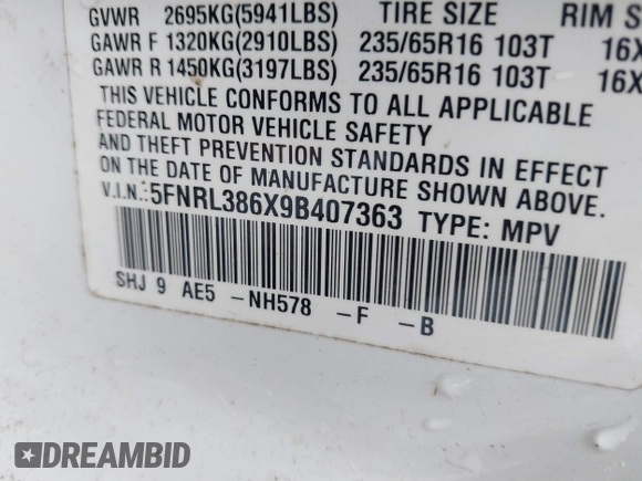 2009 Honda Odyssey EX-L с VIN 5FNRL386X9B407363, выставлен на аукционе IAAI как лот 42336476 с пробегом 146 455 миль миль и . История ставок и продаж доступна на DreamBid. Изображение 9.