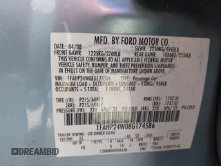 2008 Ford Taurus SEL with VIN 1FAHP24W08G174586, listed as a IAAI auction lot 41853617 with 122,016 mi miles and . Bid and sale history available at DreamBid. Image 9.