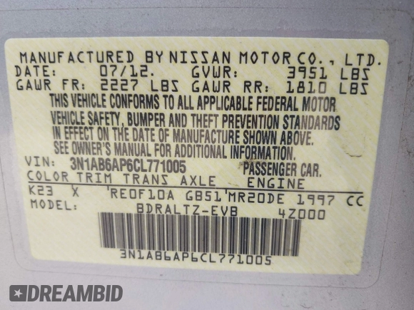 2012 Nissan Sentra SR with VIN 3N1AB6AP6CL771005, listed as a IAAI auction lot 42581704 with 93,104 mi miles and . Bid and sale history available at DreamBid. Image 9.