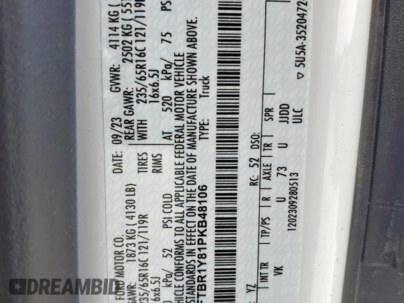 2023 Ford Transit Cargo с VIN 1FTBR1Y81PKB48106, выставлен на аукционе Copart как лот 57442685 с пробегом 11 889 миль миль и Списание • Salvage title. История ставок и продаж доступна на DreamBid. Изображение 13.