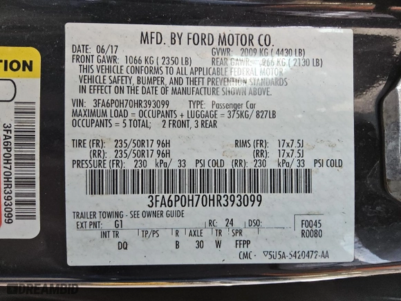2017 Ford Fusion SE with VIN 3FA6P0H70HR393099, listed as a Copart auction lot 50997625 with 105,125 mi miles and Clean Title. Bid and sale history available at carsss.com. Image 12.