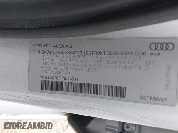 2015 Audi A6 Premium z VIN WAUCFAFC7FN034531, wystawiony jako IAAI lot #42172539 z przebiegiem 57 565 mil mil oraz . Historia ofert i sprzedaży dostępna na DreamBid. Obrazek 9.