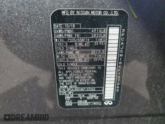 2019 Infiniti QX50 Essential with VIN 3PCAJ5M18KF127262, listed as a Copart auction lot 60551915 with 50,048 mi miles and Salvage title. Bid and sale history available at DreamBid. Image 14.