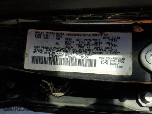 2001 Toyota Tacoma PreRunner with VIN 5TEGN92N81Z779226, listed as a Copart auction lot 54619205 with Not Provided miles and Salvage Title. Bid and sale history available at DreamBid. Image 12.