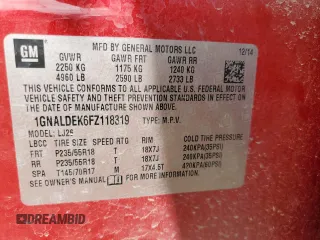 2015 Chevrolet Equinox LTZ with VIN 1GNALDEK6FZ118319, listed as a Copart auction lot 50417405 with 124,244 mi miles and Salvage Title. Bid and sale history available at carsss.com. Image 14.