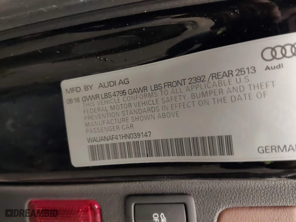 2017 Audi A4 Premium with VIN WAUANAF41HN039147, listed as a IAAI auction lot 40893349 with 71,375 mi miles. Bid and sale history available at carsss.com. Image 9.