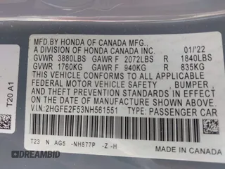 2022 Honda Civic Sport with VIN 2HGFE2F53NH561551, listed as a IAAI auction lot 41865892 with 24,011 mi miles and . Bid and sale history available at carsss.com. Image 9.