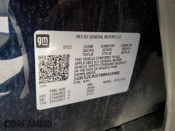 2021 GMC Yukon AT4 with VIN 1GKS2CKD7MR418968, listed as a Copart auction lot 82445284 with 73,660 mi miles and Salvage Title. Bid and sale history available at carsss.com. Image 15.