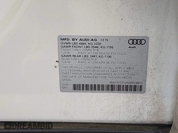 2016 Audi Q3 Premium Plus with VIN WA1EFCFS4GR014823, listed as a IAAI auction lot 42247906 with 137,268 mi miles and . Bid and sale history available at DreamBid. Image 9.