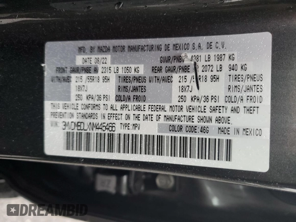 2022 Mazda CX-30 S Premium with VIN 3MVDMBDLXNM445466, listed as a Copart auction lot 51820105 with 65,417 mi miles and Salvage title. Bid and sale history available at DreamBid. Image 16.