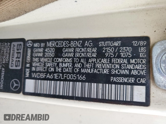 1990 Mercedes-Benz 300 with VIN WDBFA61E7LF005166, listed as a Copart auction lot 54270635 with 137,378 mi miles and Clean Title. Bid and sale history available at DreamBid. Image 12.
