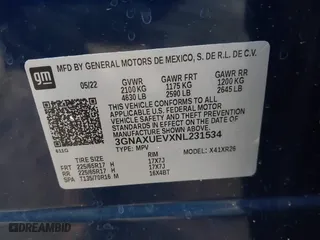 2022 Chevrolet Equinox LT with VIN 3GNAXUEVXNL231534, listed as a IAAI auction lot 40765944 with 22,403 mi miles. Bid and sale history available at carsss.com. Image 9.