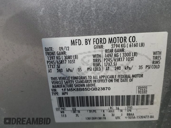 2013 Ford Explorer with VIN 1FM5K8B85DGB23870, listed as a Copart auction lot 53321025 with 153,327 mi miles and Salvage title. Bid and sale history available at DreamBid. Image 13.