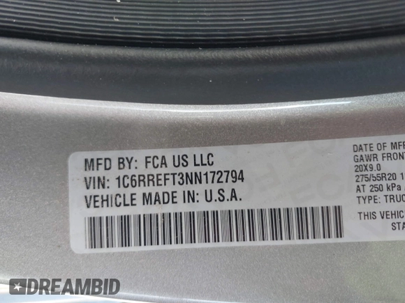2022 Ram 1500 Lone Star with VIN 1C6RREFT3NN172794, listed as a IAAI auction lot 42071645 with 95,760 mi miles and . Bid and sale history available at DreamBid. Image 9.