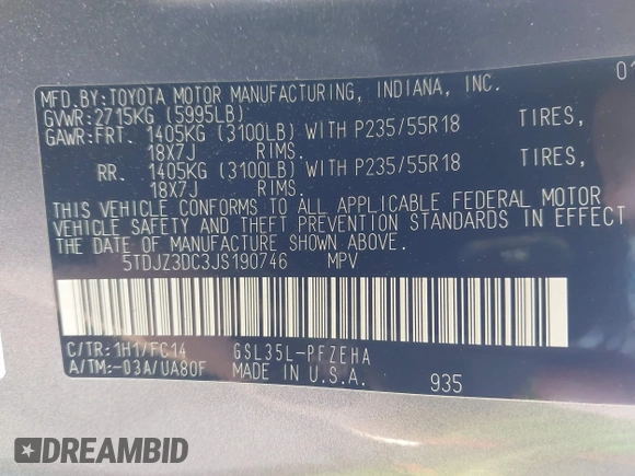 2018 Toyota Sienna LE with VIN 5TDJZ3DC3JS190746, listed as a IAAI auction lot 42161562 with 180,000 mi miles and . Bid and sale history available at DreamBid. Image 9.