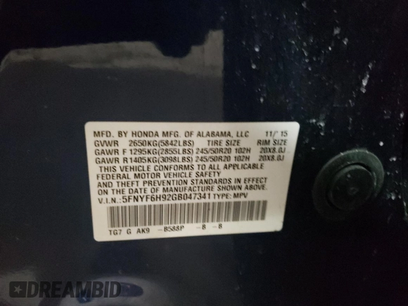2016 Honda Pilot Touring with VIN 5FNYF6H92GB047341, listed as a Copart auction lot 45805215 with 145,848 mi miles and Salvage Title. Bid and sale history available at carsss.com. Image 15.