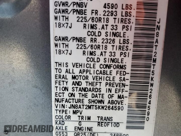 2019 Nissan Rogue SV with VIN JN8AT2MT5KW264590, listed as a Copart auction lot 83818404 with 0 mi miles and Non Repairable. Bid and sale history available at carsss.com. Image 15.