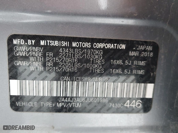 2018 Mitsubishi RVR SE with VIN JA4AJ3AU6JU601986, listed as a Copart auction lot 81929494 with 0 miles and Salvage Title. Bid and sale history available at carsss.com. Image 13.