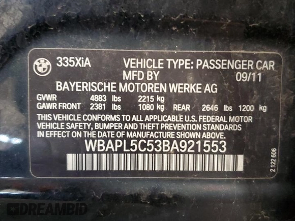 2011 BMW 3 Series 335i xDrive with VIN WBAPL5C53BA921553, listed as a Copart auction lot 58776925 with 148,575 mi miles and Clean title. Bid and sale history available at DreamBid. Image 13.