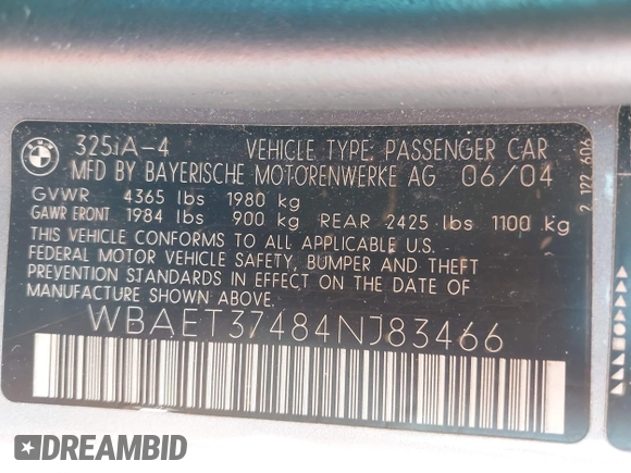 2004 BMW 3 Series 325i z VIN WBAET37484NJ83466, wystawiony jako IAAI lot #42409512 z przebiegiem 98 955 mil mil oraz . Historia ofert i sprzedaży dostępna na DreamBid. Obrazek 9.