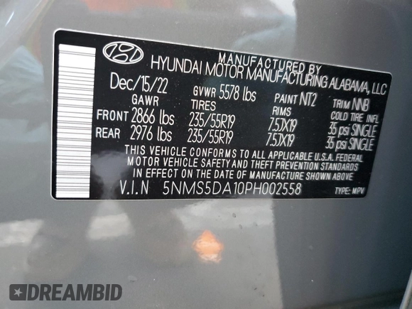 2023 Hyundai Santa Fe Hybrid Limited with VIN 5NMS5DA10PH002558, listed as a Copart auction lot 42257765 with 27,180 mi miles and Salvage Title. Bid and sale history available at carsss.com. Image 14.