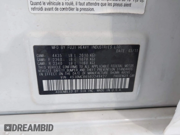 2011 Subaru Legacy Prem with VIN 4S3BMCB65B3249427, listed as a IAAI auction lot 42686503 with 120,352 mi miles and . Bid and sale history available at DreamBid. Image 9.