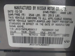 2020 Infiniti Q50 Pure with VIN JN1EV7APXLM208317, listed as a IAAI auction lot 39446112 with 34,846 mi miles and . Bid and sale history available at carsss.com. Image 9.