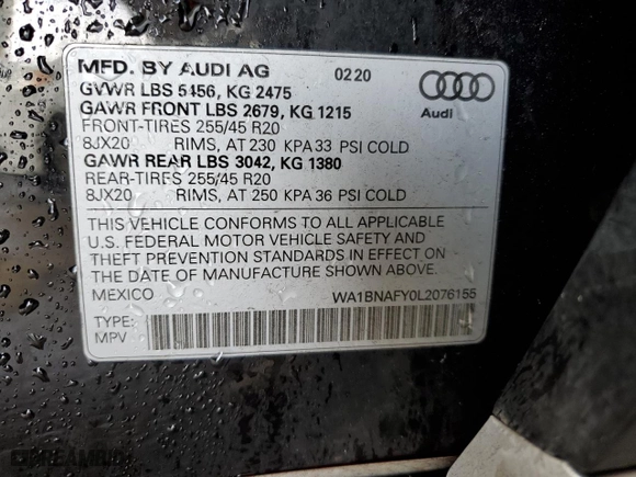2020 Audi Q5 Premium Plus with VIN WA1BNAFY0L2076155, listed as a Copart auction lot 45599985 with 41,366 mi miles and Salvage Title. Bid and sale history available at carsss.com. Image 13.