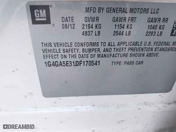 2013 Buick LaCrosse with VIN 1G4GA5E31DF170541, listed as a IAAI auction lot 41448227 with 129,549 mi miles. Bid and sale history available at carsss.com. Image 9.