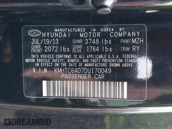 2013 Hyundai Veloster w/Black Int with VIN KMHTC6AD7DU170049, listed as a IAAI auction lot 42441737 with 101,924 mi miles and . Bid and sale history available at DreamBid. Image 9.
