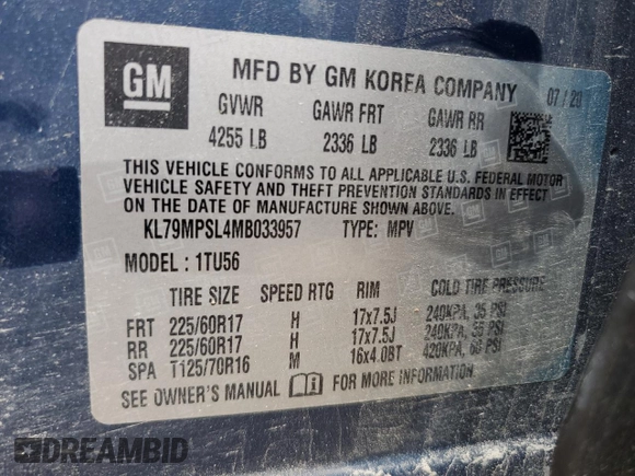 2021 Chevrolet TrailBlazer LT with VIN KL79MPSL4MB033957, listed as a Copart auction lot 69765084 with 119,541 mi miles and Non Repairable. Bid and sale history available at DreamBid. Image 15.