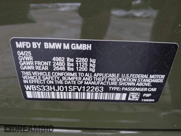 2025 BMW M3 Competition xDrive with VIN WBS33HJ01SFV12263, listed as a IAAI auction lot 42571639 with 187 mi miles and . Bid and sale history available at DreamBid. Image 9.