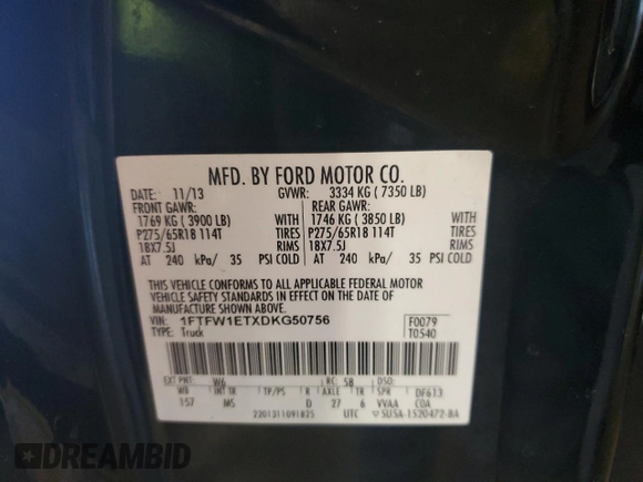 2013 Ford F-150 XL with VIN 1FTFW1ETXDKG50756, listed as a Copart auction lot 55120445 with 206,379 mi miles and Clean Title. Bid and sale history available at carsss.com. Image 12.