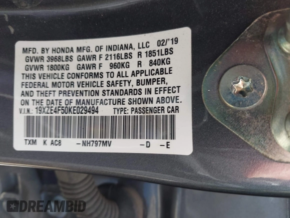 2019 Honda Insight EX with VIN 19XZE4F50KE029494, listed as a IAAI auction lot 41801571 with 117,555 mi miles and . Bid and sale history available at DreamBid. Image 9.
