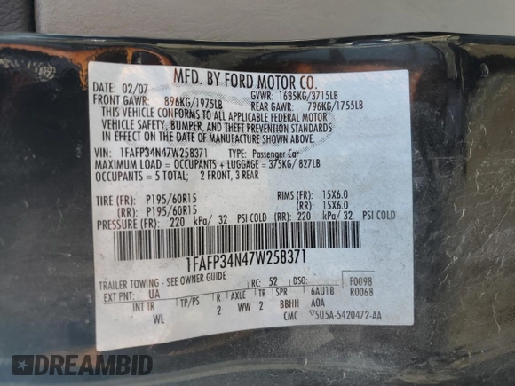2007 Ford Focus S с VIN 1FAFP34N47W258371, выставлен на аукционе Copart как лот 57019875 с пробегом 170 340 миль миль и Чистый • Clean title. История ставок и продаж доступна на DreamBid. Изображение 12.