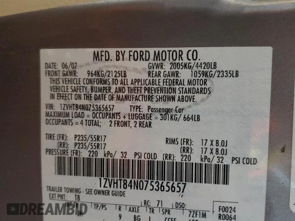 2007 Ford Mustang Deluxe with VIN 1ZVHT84N075365657, listed as a Copart auction lot 57357015 with 140,855 mi miles and Salvage title. Bid and sale history available at DreamBid. Image 12.