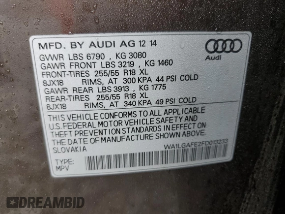 2015 Audi Q7 3.0T Premium Plus with VIN WA1LGAFE2FD013233, listed as a Copart auction lot 50936115 with 82,586 mi miles and Salvage Title. Bid and sale history available at carsss.com. Image 14.
