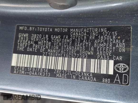 2016 Toyota Corolla L z VIN 2T1BURHEXGC577393, wystawiony jako IAAI lot #42309673 z przebiegiem 103 731 mil mil oraz . Historia ofert i sprzedaży dostępna na DreamBid. Obrazek 9.